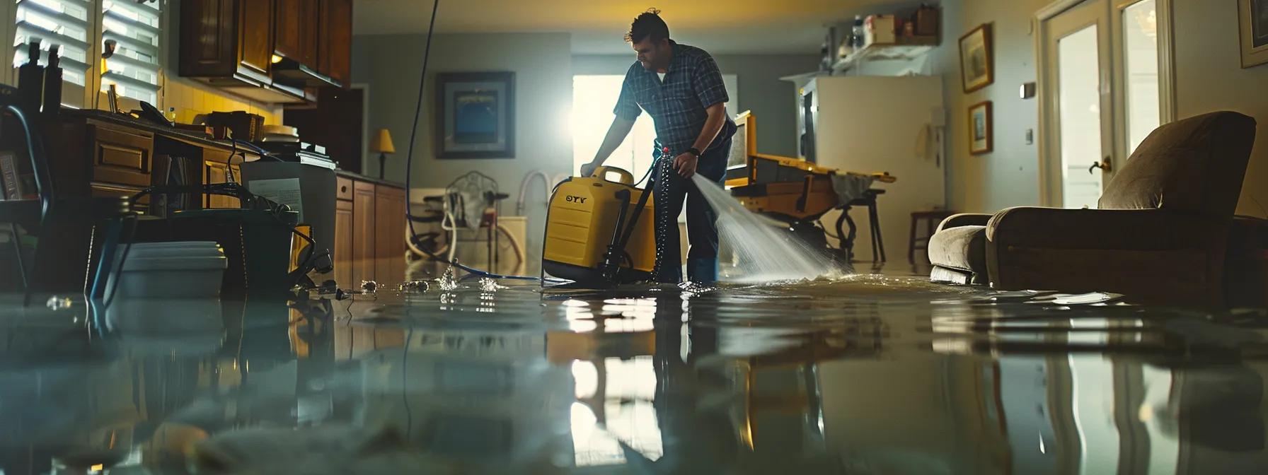 an industrial water damage restoration technician expertly operates powerful drying equipment in a modern, flooded home, with clear signs of moisture damage on the walls and floors, creating a sense of professionalism and assurance in a well-lit, clean environment.
