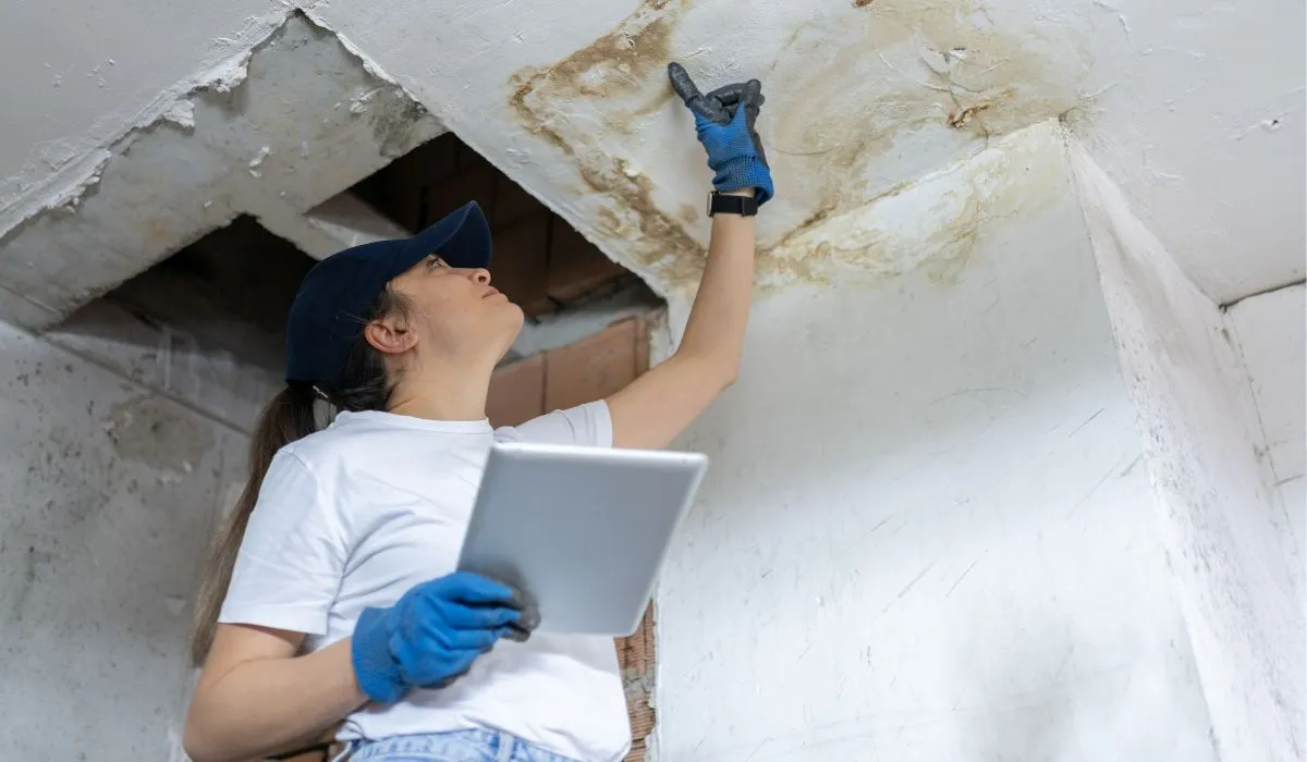person repairing wall from fire damage
