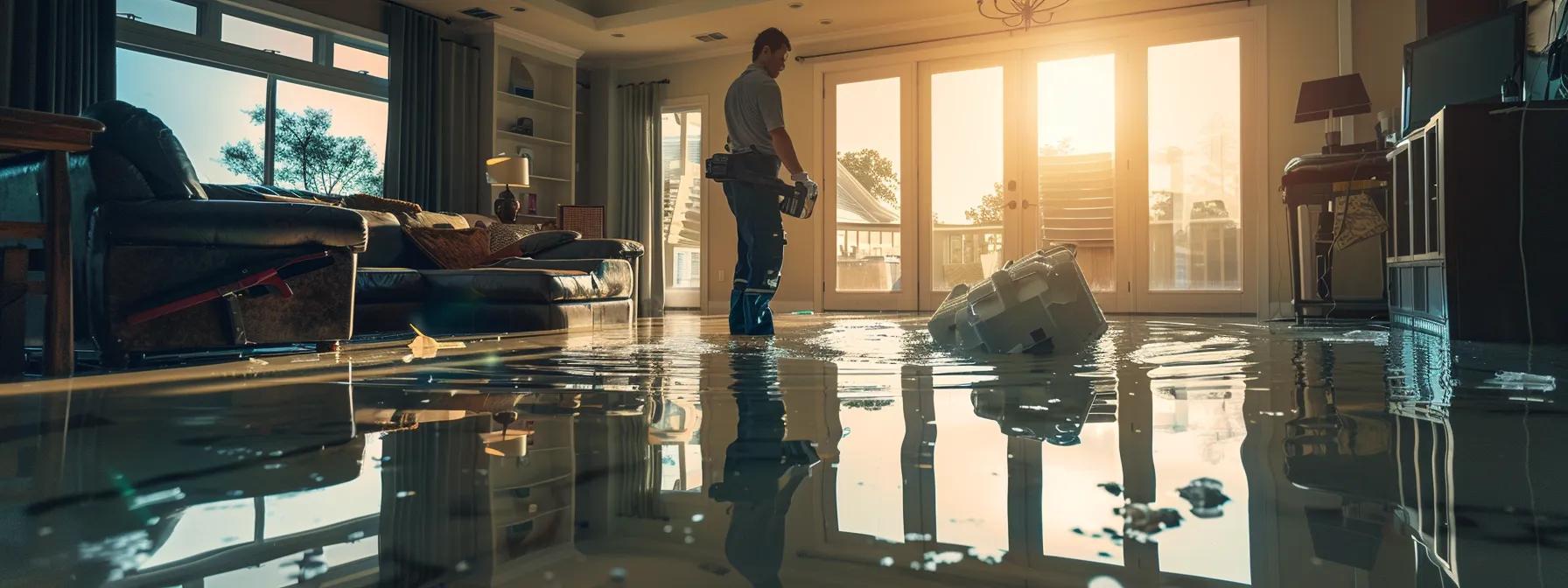 in a modern, flooded home, a professional restoration technician confidently operates industrial drying equipment amidst visible water damage on the floors and walls, under soft natural lighting that creates a reassuring atmosphere for the restoration process.