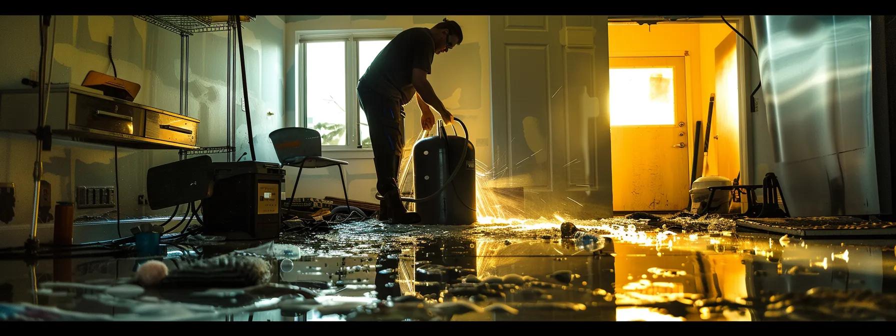 in a modern, water-damaged home, a professional restoration technician operates industrial drying equipment amid visibly damaged floors and walls, illuminated by soft, ambient light from a nearby window, creating a reassuring atmosphere of competence and hope.