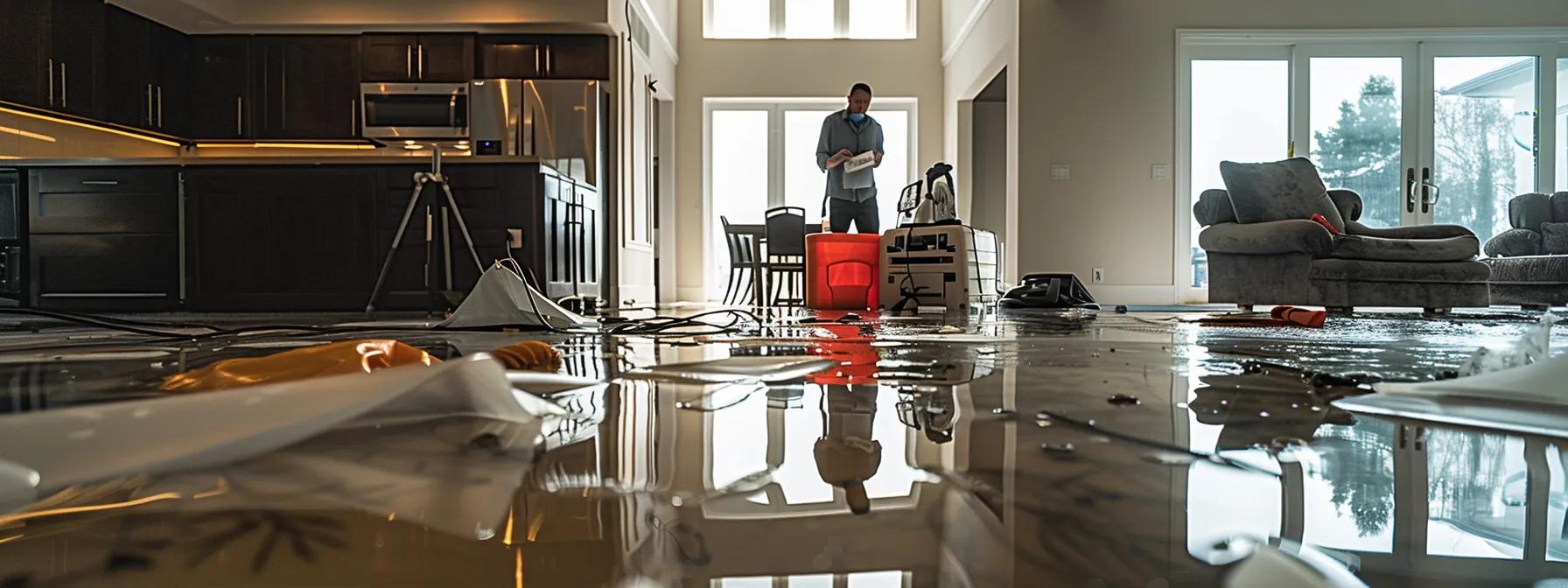 inside a modern home exhibiting clear signs of recent water damage, a professional restoration technician expertly operates industrial drying equipment under soft natural light streaming through a window, capturing the urgency and meticulous effort involved in addressing the flooding crisis.