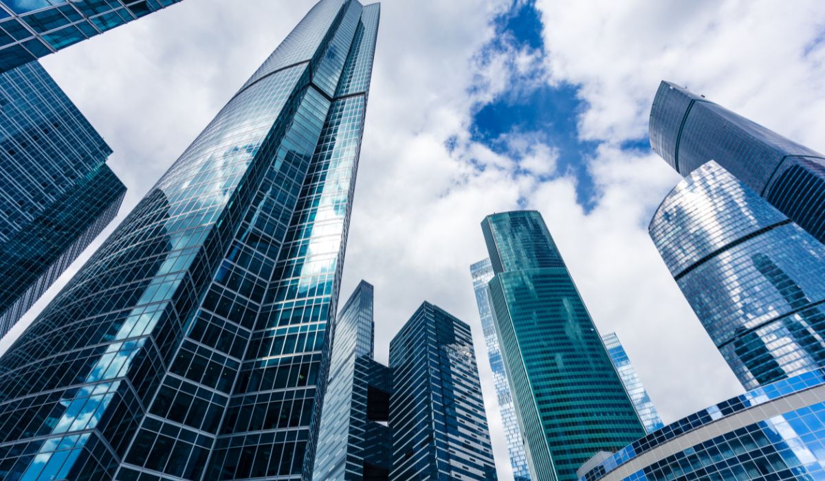 looking up at commercial building and skyscrapers