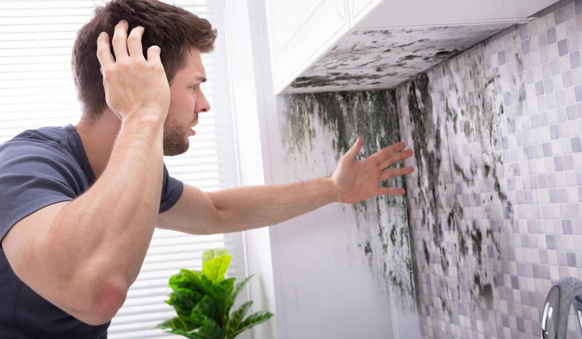 man looking at black mold frustrated