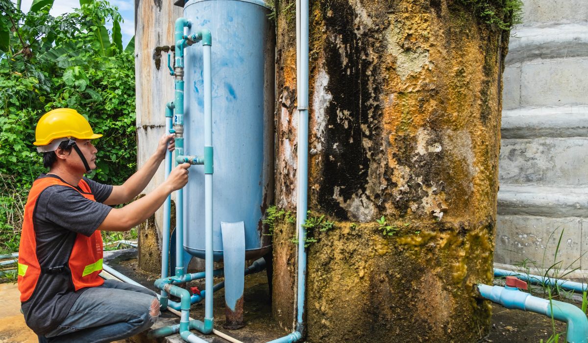 person inspecting water tank and damage