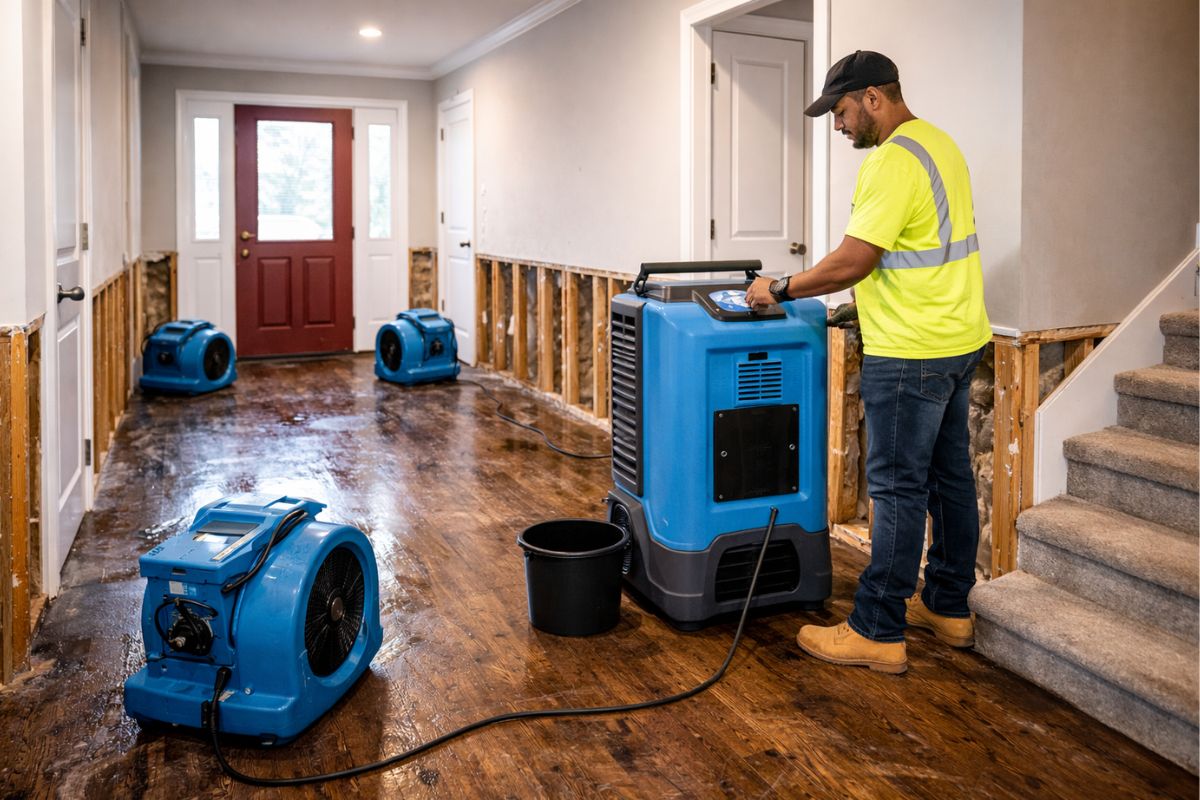 person working inside a house drying